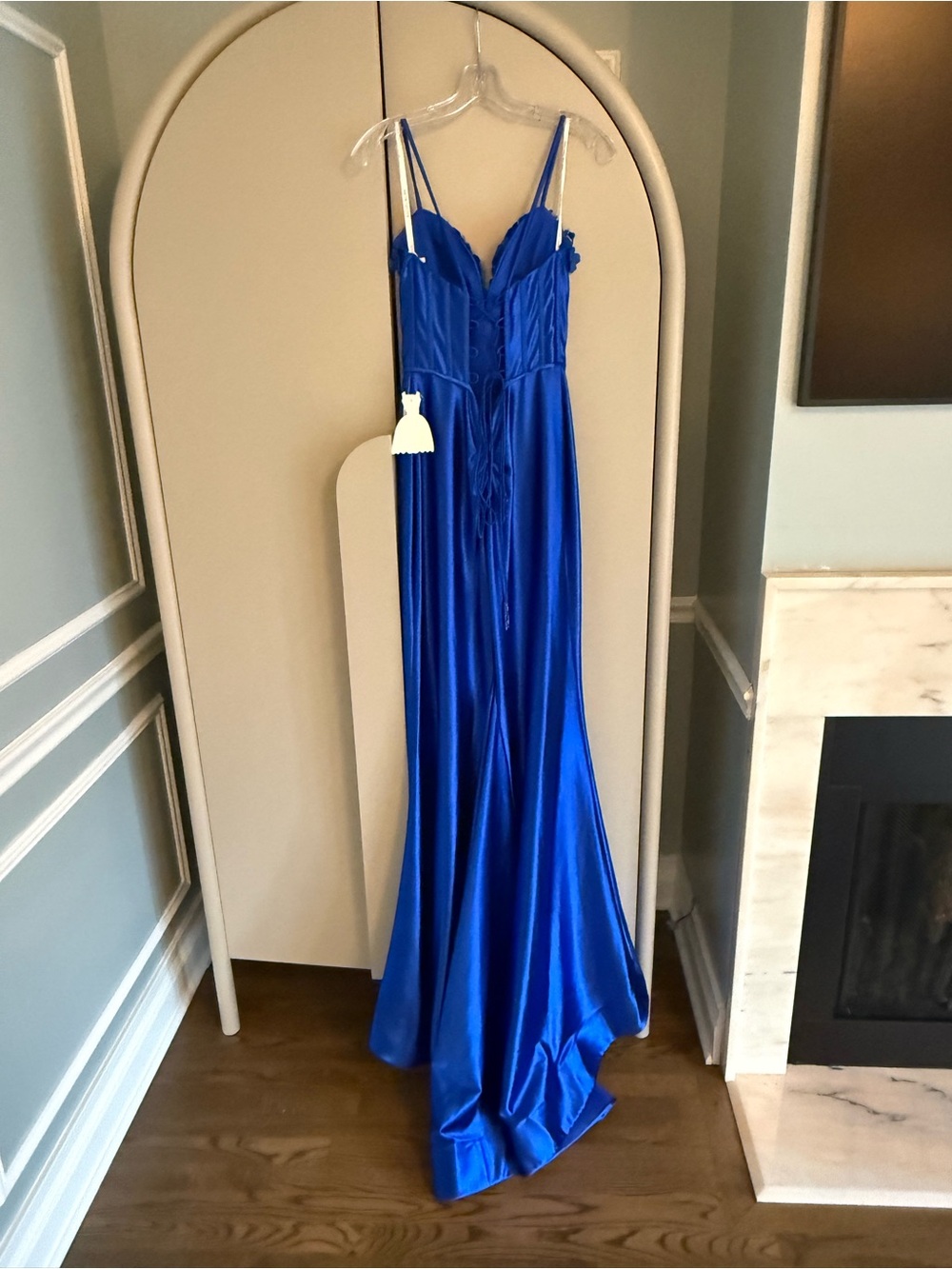 Royal Blue Satin Spaghetti Strap Evening Dress